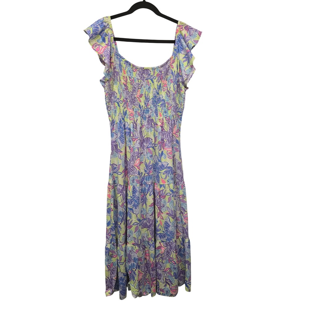 Lilly‎ Pulitzer L Tropical Print Smocked Midi Dress Resort Coastal Preppy Boho